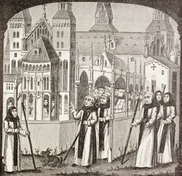 Clairvaux-i Szent Bernát és a ciszterci szerzetesek, akik birtokba veszik a clairvaux-i apátságot, Paul Lacroix „Katonai és vallási élet a középkorban” című művéből, London, 1880 körül.